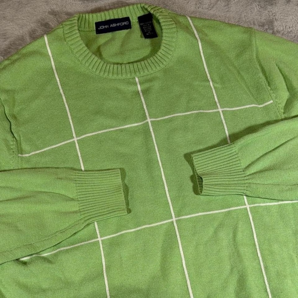 Y2K Vintage John Ashford Grid Pattern Crewneck Sweater | Green Windowpane | M